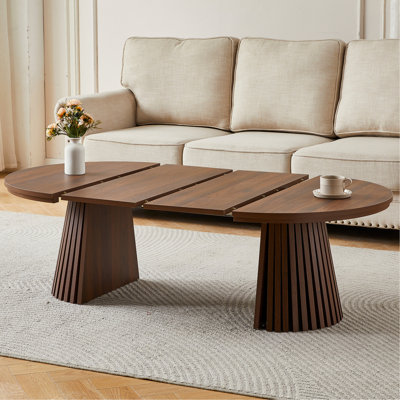 Table basse en bois ronde en bois, flexible et extensible, multifonctionnelle et peu encombrante, conception ovale à la mode et pieds à lattes, table à thé ou bureau, table de salon moderne