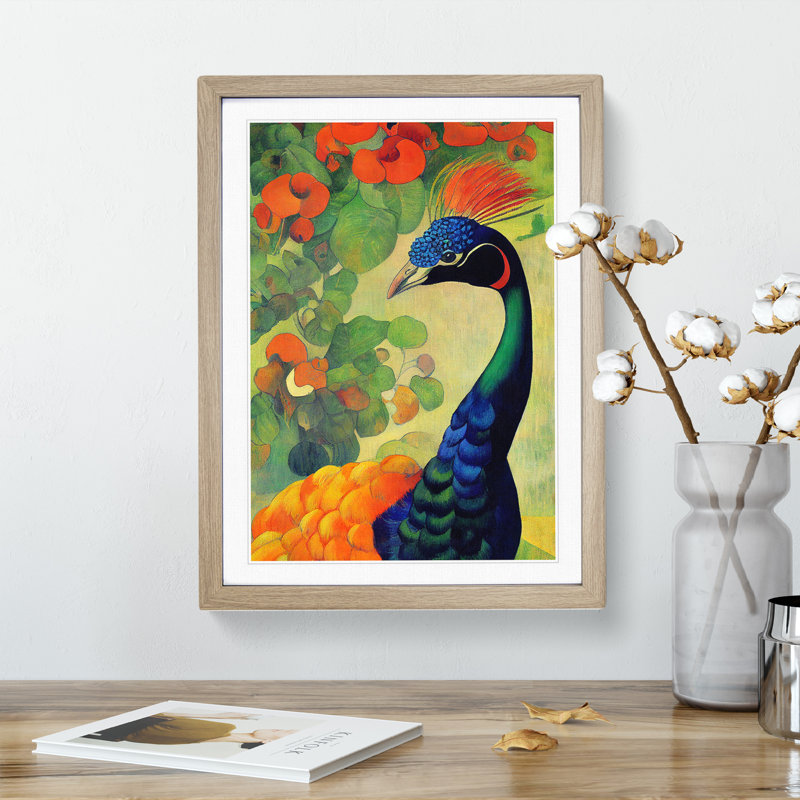 Painted Peacock No.1 - Single Picture Frame Painting, 64cm H x 46cm W x 2cm D, Oak 