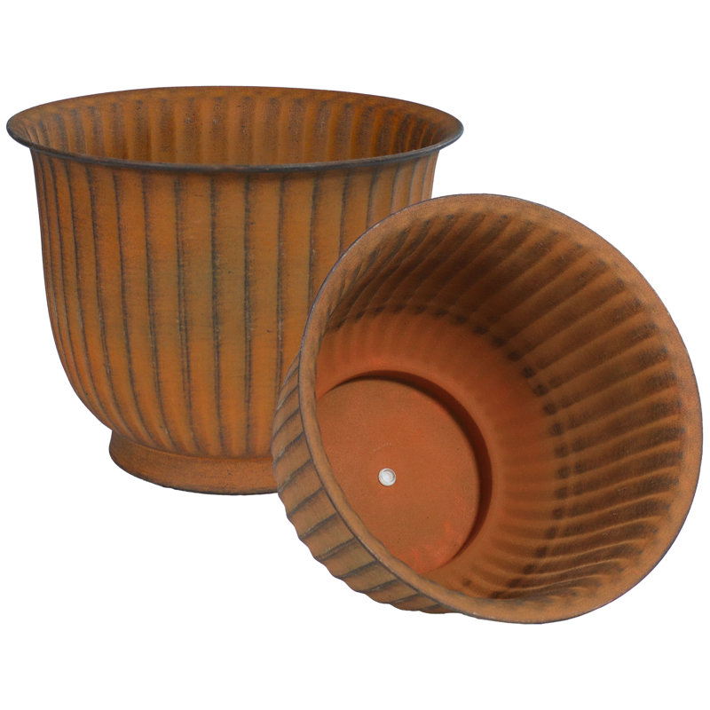 Ralena Round Metal Outdoor Planter Pot - 14.75" x 14.75" x 11.25" - Brown - Set of 4, Brown, 4