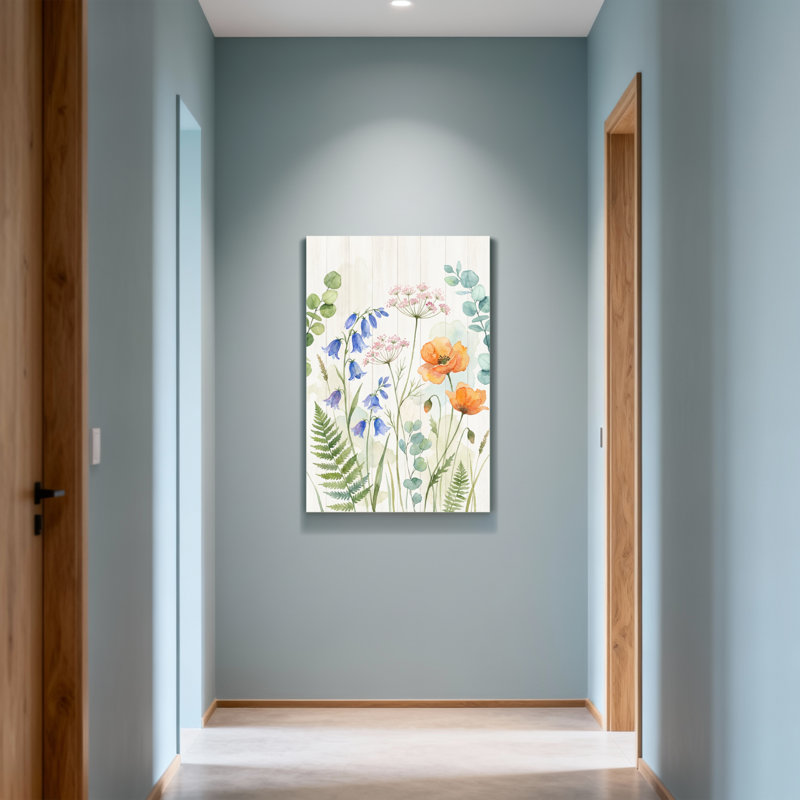 Plantes et fleurs aquarelles sur fond de bois, H 32 po x l 48 po