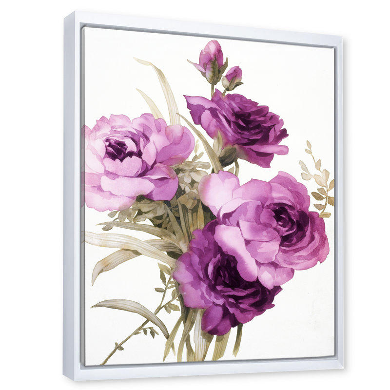 Dark Pink Roses - peinture sur toile, H 32 po x l 24 po x P 1 po, Cadre flottant blanc