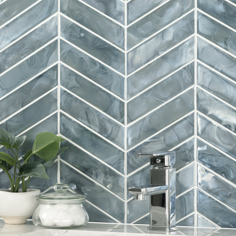 Midnight Tide Chevron 10 in. x 12 in. Glossy Glass Mosaic Wall Tile