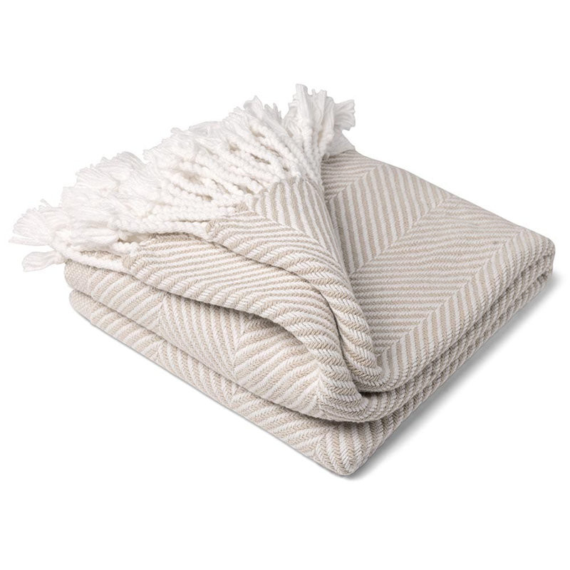 Monhegan Cotton Throw With Fringe, Tan Chevron