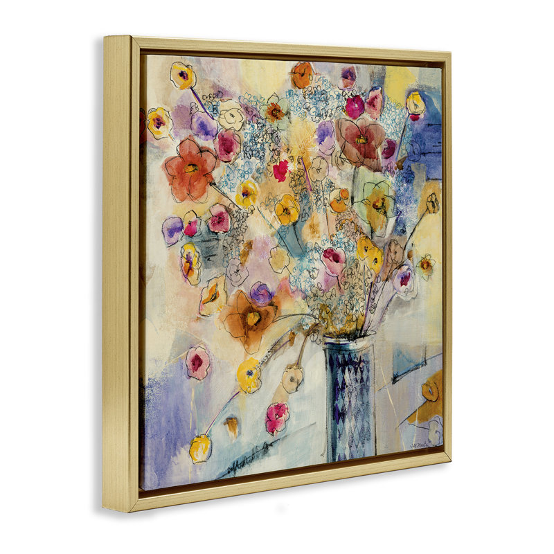 Dessin de fleurs chaotiques, Cadre flottant métallique doré, H 25 po x l 25 po