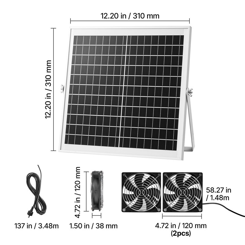 Ventilateur à énergie solaire, panneau solaire de 15 W avec 2 ventilateurs, angle du panneau solaire réglable, haute vitesse de 2668 tr / min, installation flexible, remplacement rapide de l'air pour la serre, tentes de croissance, poulaillers, abris