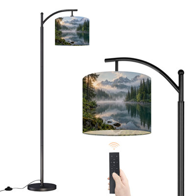 Arc Floor Lamp with Adjustable Lampshade Serene Forest Lake Trees Standing Lamp 3 Color Temperatures Dimmable Tall Pole Lamp with Foot Switch for Bedroom