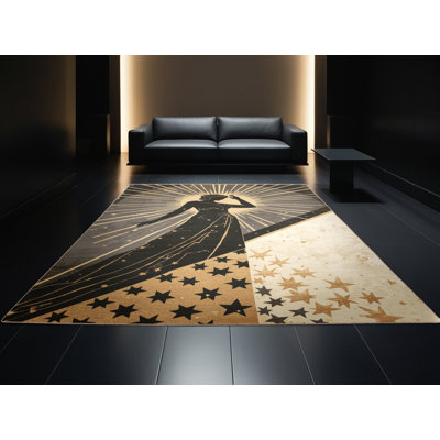 Tapis art déco lavable à la machine Pavle Starburst en brun - reliure beige