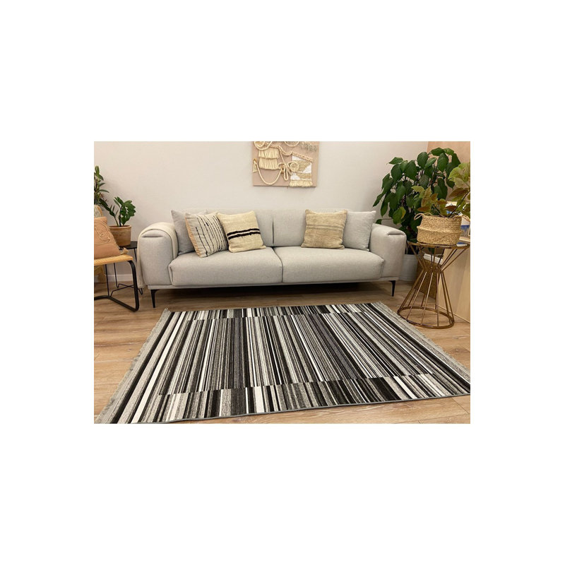 Black Striped Pattern Washable Rug, Rectangle 5'1" x 7'7"