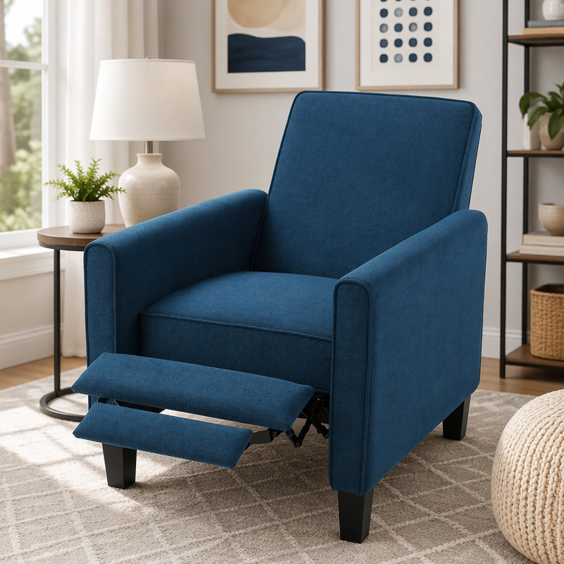 Fauteuil inclinable rembourré 27,5 po avec pieds en hêtre massif, Tissu, Marine