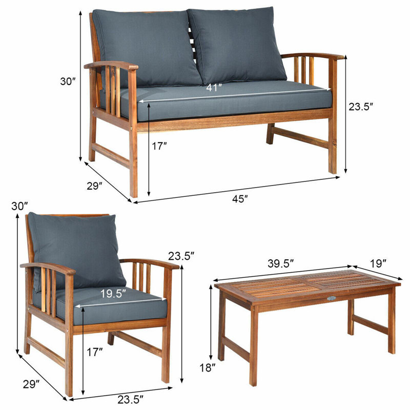 Ensemble de conversation de patio pour 4 personnes en bois d'acacia avec coussins Aisling, Gris