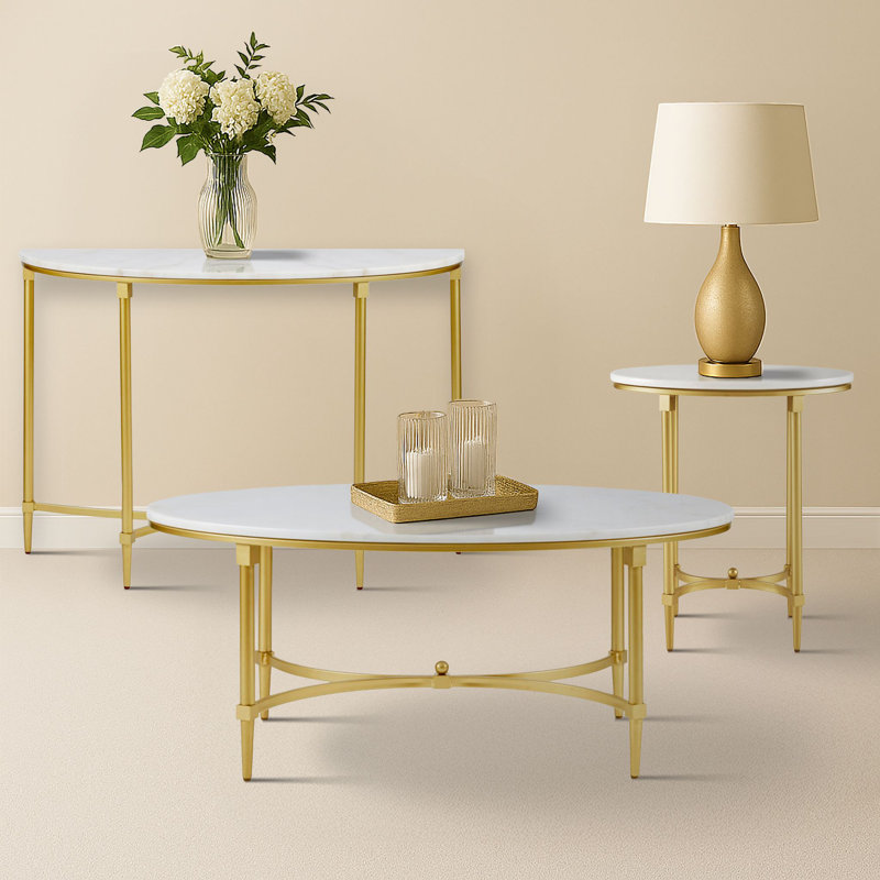 3-Piece Marble Living Room Table Set with with Console, Coffee & End Table