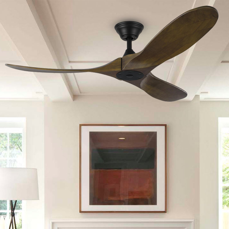 3- Blade Large Indoor Solid Wood Ceiling Fan With Remote Control, 52", Black with Deep Walnut Blades