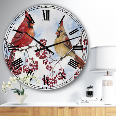 Two Cardinals And Snowy Winter Berries - Oversized Cottage Wall Clock