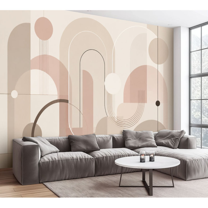 Papier peint adhésif mural minimaliste à composition géométrique abstraite, arches, cercles, neutre, autocollant, papier contact amovible, décoration murale pour salon, chambre à coucher H 100 po x l 144 po