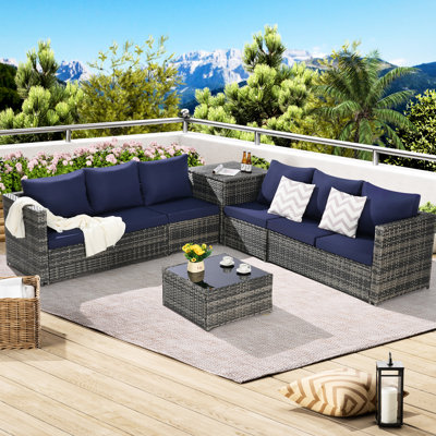 Canapé d'angle 6 pièces en tissu tressé avec table de coin et coussins résistants aux UV, confortable et confortable.