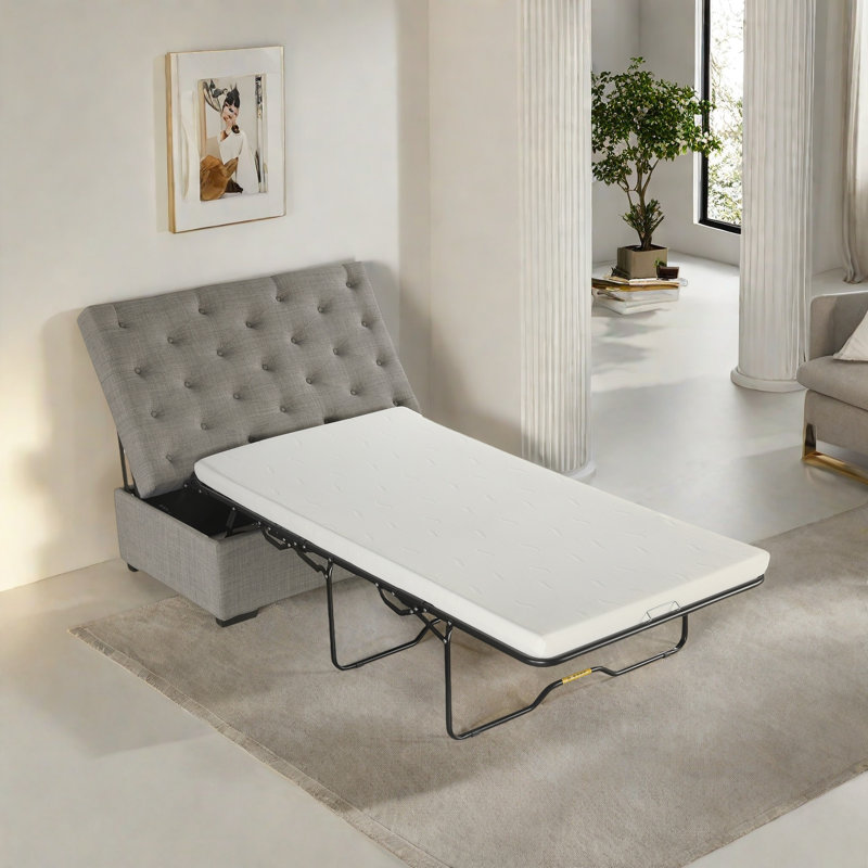 Convertible Ottoman With A Folding Sofa Bed, Frame, Memory Mattress And Tufted Design, Grey
