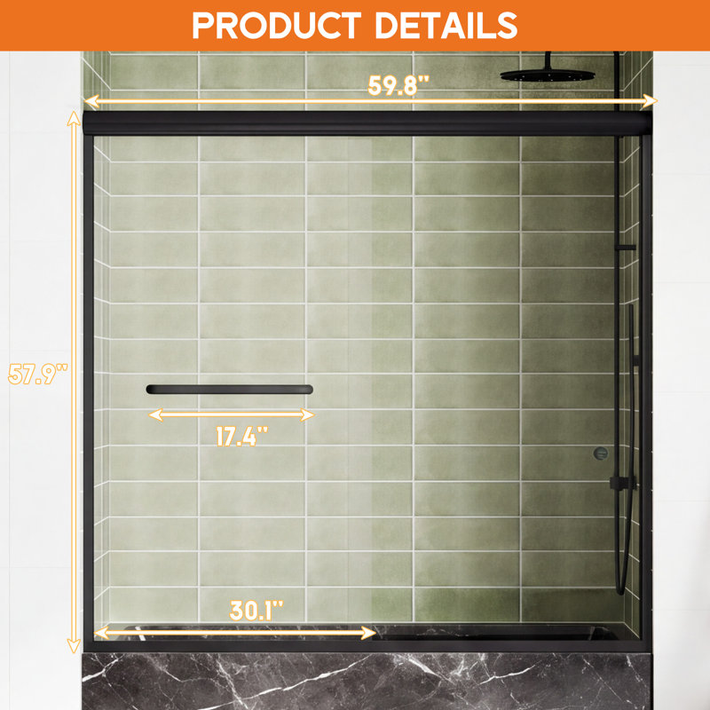 Porte de douche sans cadre 60 po x 58 po en verre trempé noir, porte de douche moderne en verre pour installation de douche à l'italienne