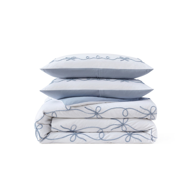 Peri Home Sasha Bows Duvet Set Blue, Queen Duvet Cover + 2 Standard Shams