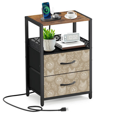 Table de chevet 2 tiroirs en tissu avec station de charge