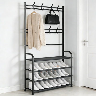 Freestanding Shoe Rack With Hooks, 4-Tier Shoe Storage Shelf Organizer For Entryway, Bedroom, Closet, And Dorm