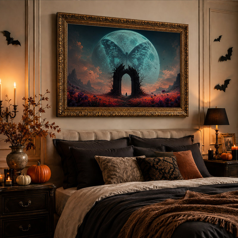 Toile murale d'Halloween représentant une silhouette de papillon et de lune fantastique sur fond de pierre, 20"H x 30"W