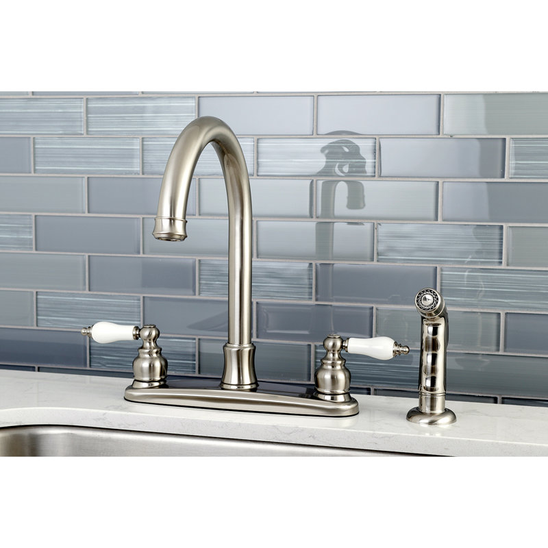 Kingston Brass Victorian Two-Handle 4-Hole 8" Centerset Kitchen Faucet with Side Sprayer, Brushed Nickel