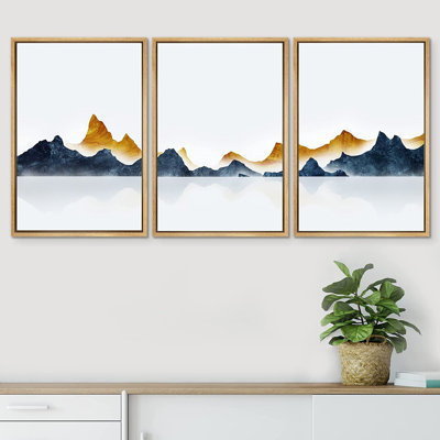 Sun Mountain Range IDÉE4WALL, reproduction d'art sur toile encadrée, sarcelle dorée, bichromie, montagnes, nature sauvage, illustrations, art moderne, décorative, nordique, calme / zen pour le salon, la chambre à coucher, le bureau - 3 pièces sur