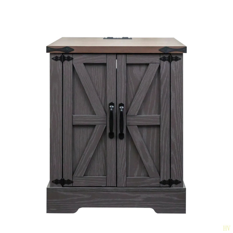 Farmhouse End Table With Charging Station, Rustic Wood Nightstand With Adjustable Shelf, 19.6"W Versatile  Sofa Side Table With Barn Doors & Retro Hinges For Bedroom, Living Room