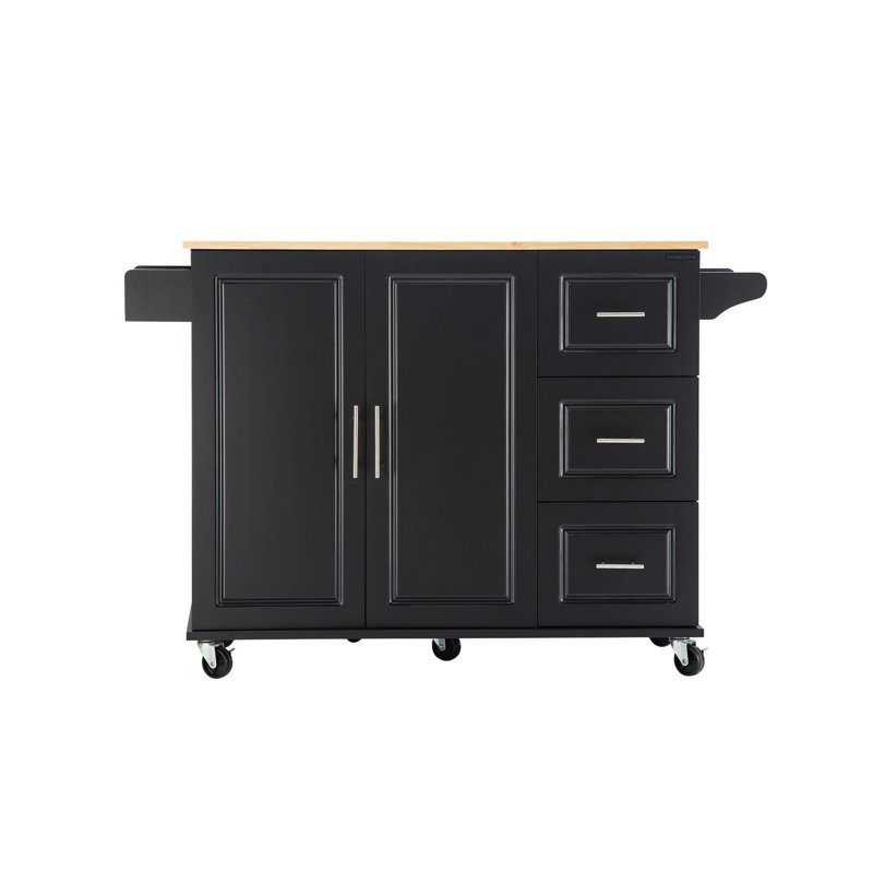 Îlot de cuisine et chariot de cuisine, îlot de cuisine mobile avec plateau de table en bois d'hévéa extensible, tablette réglable à l'intérieur de l'armoire pour différents ustensiles, 3 grands tiroirs, avec support à épices, porte-serviettes