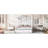 Metal Canopy Platform Bed Queen Size With Upholstered Headboard & 2 Unit , White And Two Storage Pockets,