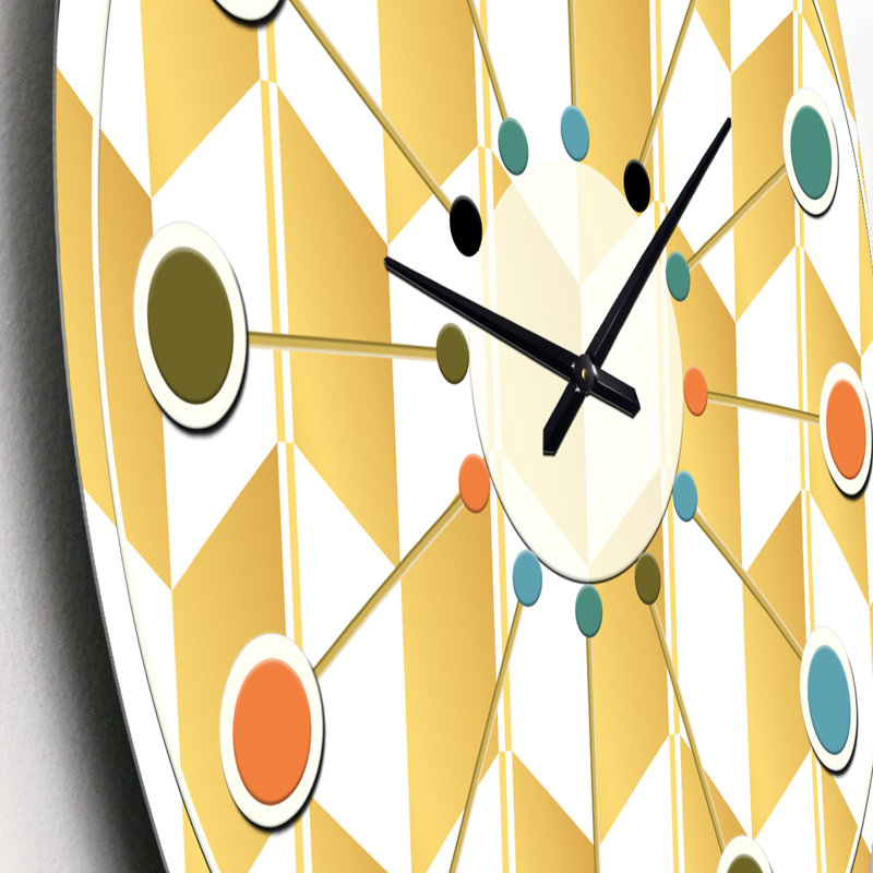 Or et blanc motif géométrique I - horloge murale moderne Mid-Century, Petit