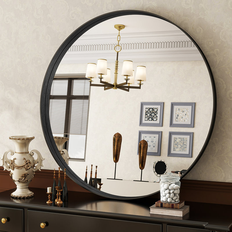 Wall Mirror Deep Framed Bathroom Mirror Wall Mounted Round Mirror,, Black, 24" x 24"