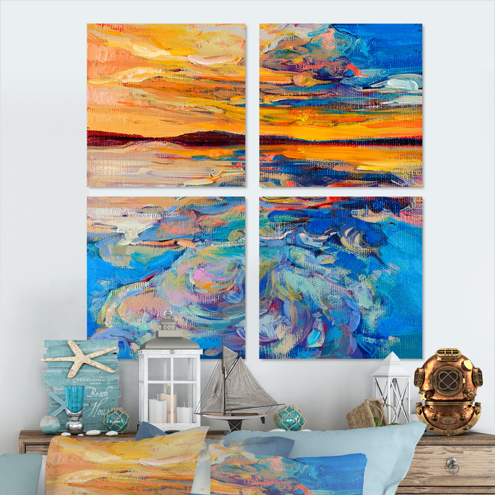 Rosecliff Heights Orange Sunset Over Whirly Blue Waves - Nautical ...