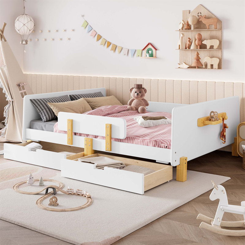 Lit plateforme double avec tiroirs de rangement, structure en bois massif, garde-corps, petite tablette et crochets, aucun sommier nécessaire, blanc