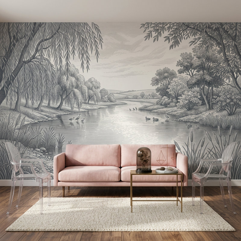 Papier peint mural paysage pastoral, scène de rivière et saules, 100"x96", Peel and Stick