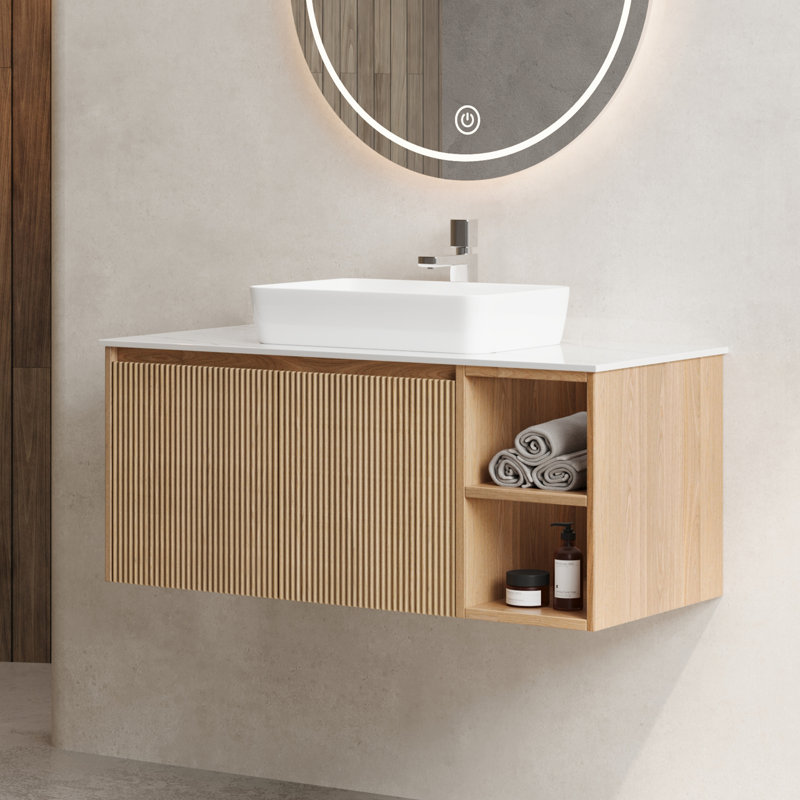 Meuble-lavabo mural simple 36 po avec comptoir en pierre frittée blanc et bois clair 36 po, Bois clair, 35.84", Blanc