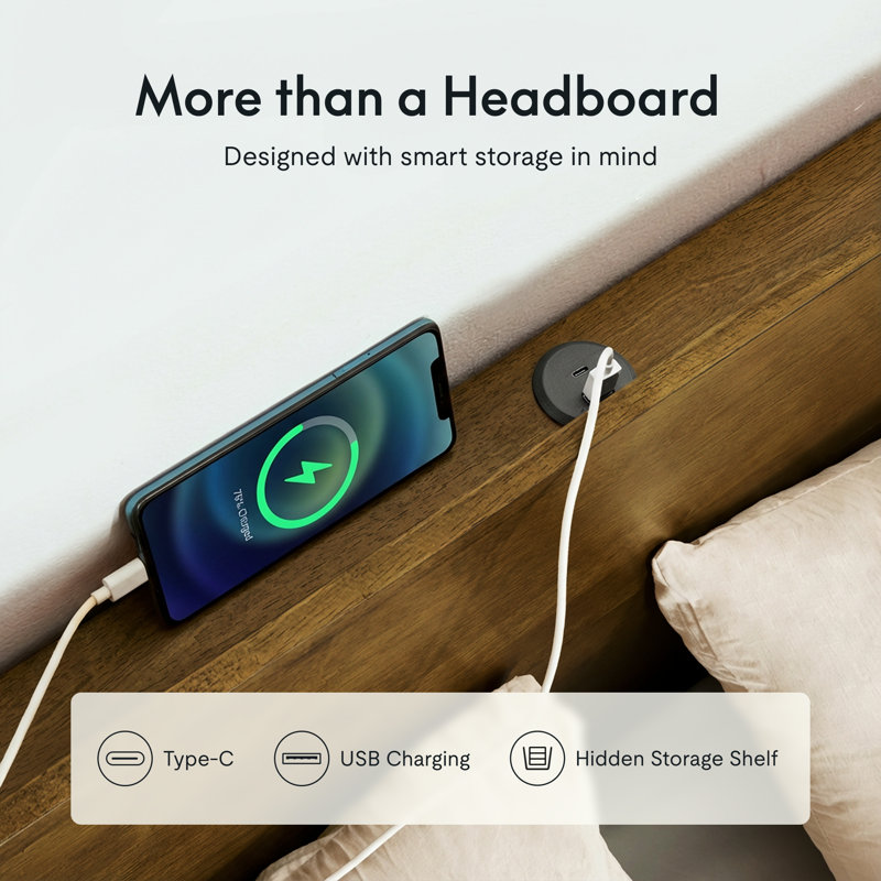 Japanese Joinery Craft Solid Wood Platform Bed with Integrated USB Charging, Walnut, Queen