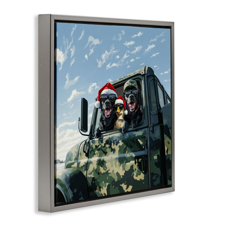 Cadre flottant Santa Dogs & Duck, design par Jim Baldwin, H 25 po x l 25 po, Cadre flottant gris lustré