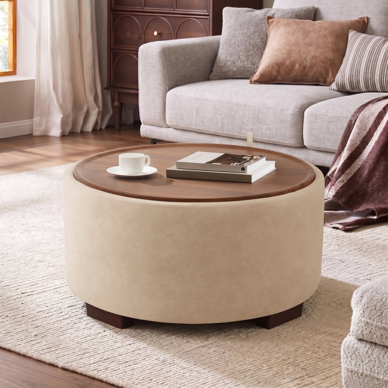 Table basse ronde de 30 po avec plateau en bois et rangement, beige, Beige