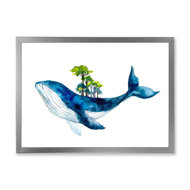 Baleine bleue sur fond blanc III - Peinture sur toile, H 24 po x l 32 po, Cadre photo argenté