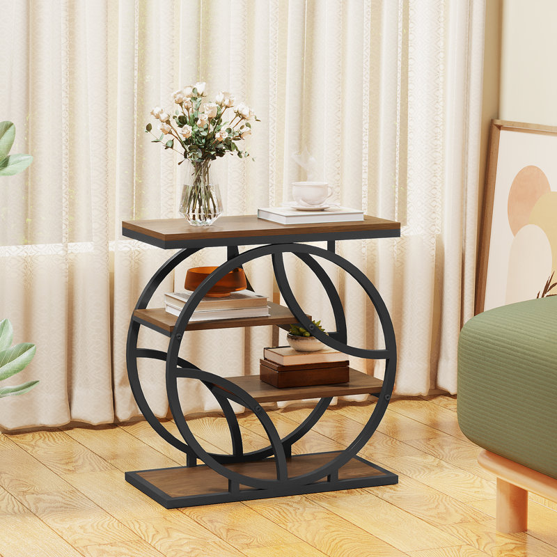 Table d'appoint industrielle à 4 niveaux, table de bout étroite avec structure en métal, table de chevet brune et support à plante pour petits espaces