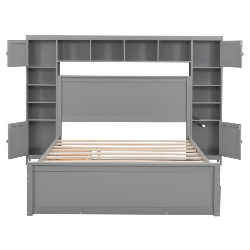 Lit en bois avec armoire tout-en-un, tablette et prises, lit gigogne simple TG, Gris