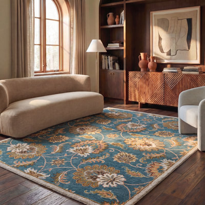 Tapis floral en coton touffeté à la main Heritage en bleu / jaune