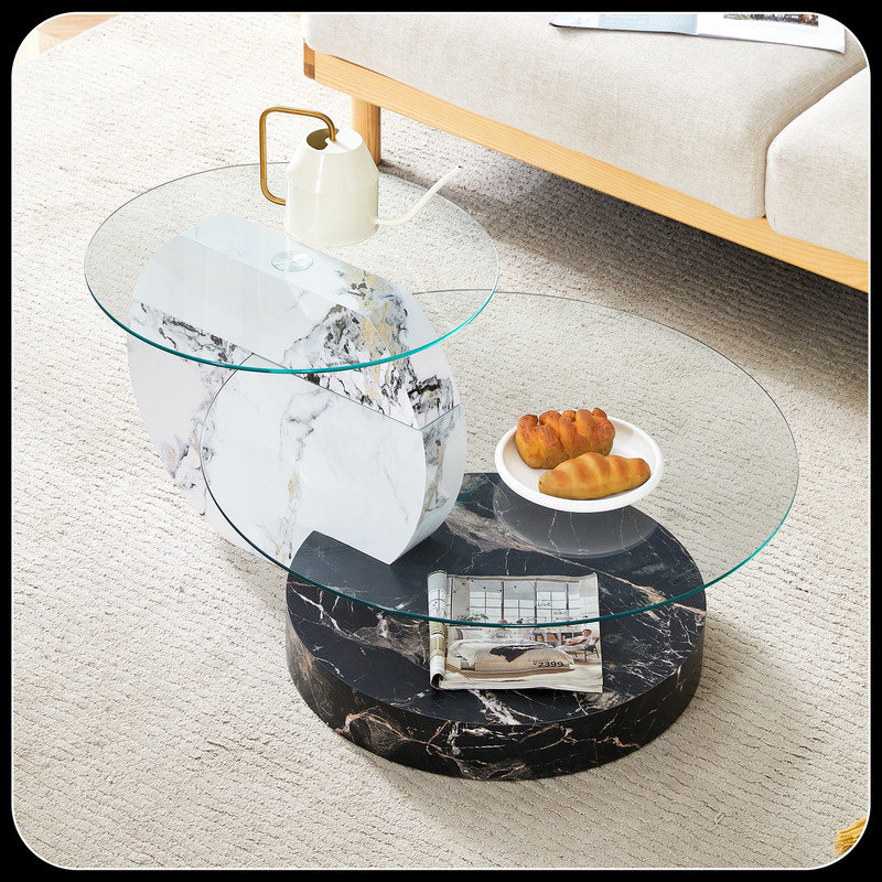 table basse autocollante double couche, table ronde moderne à deux niveaux, plateau de table en verre et pieds en bois aggloméré