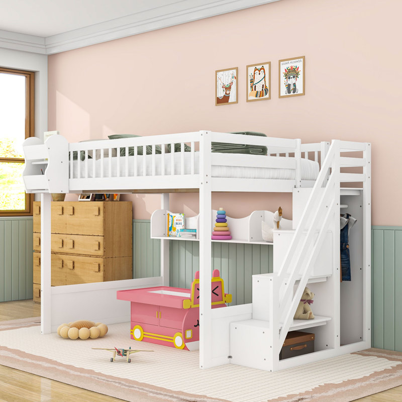 Wood Loft Bed with Storage Shelves and Under-Bed Space, White