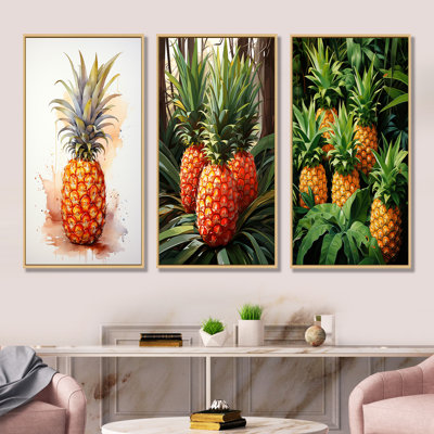 Golden Pineapple Paradise I - ensemble de 3 décorations murales ananas