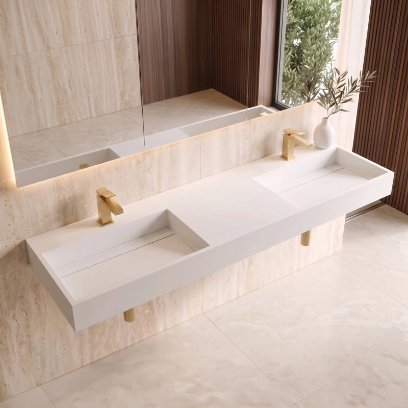 Lavabo de salle de bain mural à surface flottante avec drain dissimulé 72 po Juniper - Blanc, Blanc, Lit double