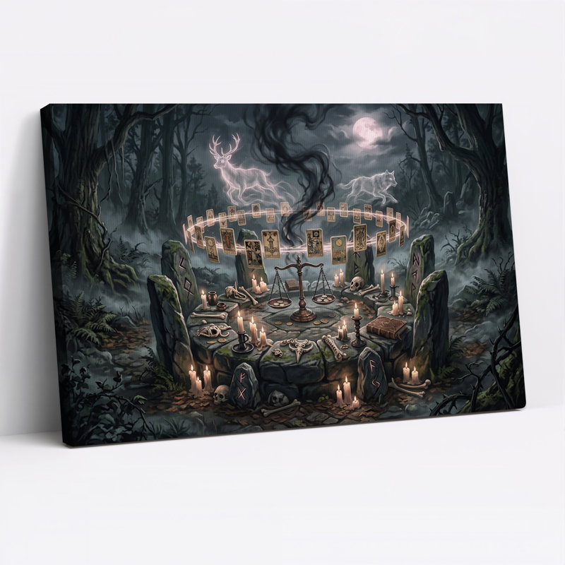 Autel en pierre avec cartes de tarot flottantes et toile murale d'Halloween, H 20 po x l 30 po