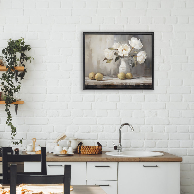 Vase de pivoines et citrons, cadre flottant, design par LSR Creative Studio, Cadre flottant noir de jais, H 17 po x l 21 po