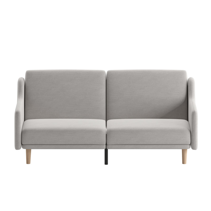 Upholstered Split Back Futon Sofa With Curved Arms And Solid Wood Legs, Grey Polyester Blend